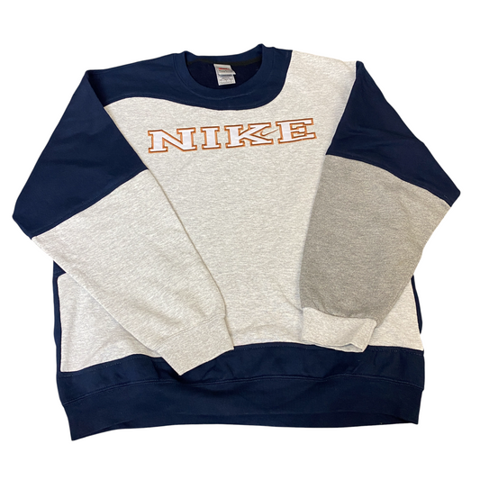 Nike Reworked Sweatshirt Mens L Grey Blue Embroidered Spellout Logo Vintage Y2K