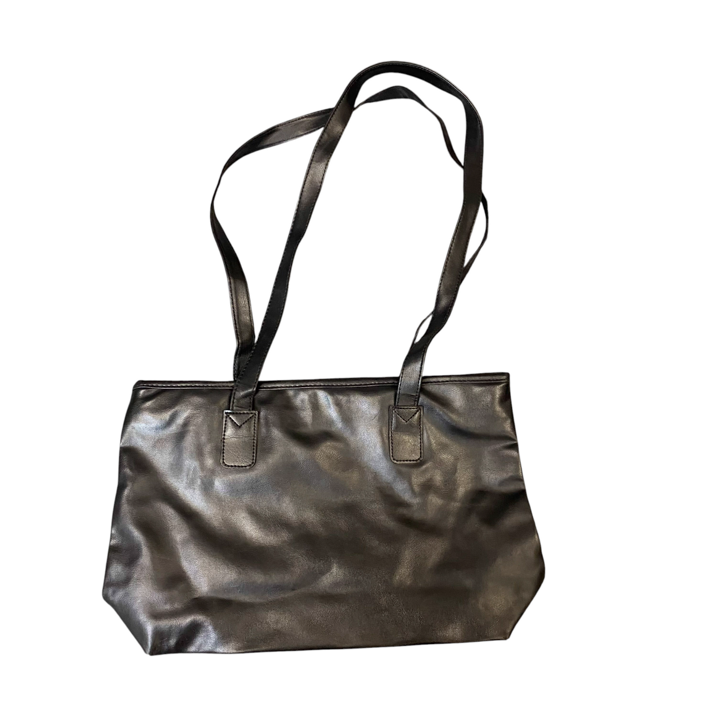 Vintage Womens Tote Bag Black Patchwork Leather Zip Closure Double Handles