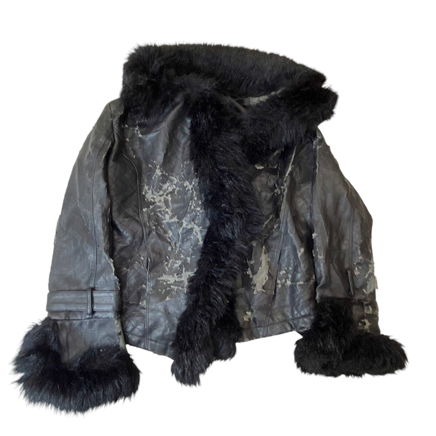 Jacket Womens Medium Black Genuine Leather Fur Edge Long Sleeve Open Front