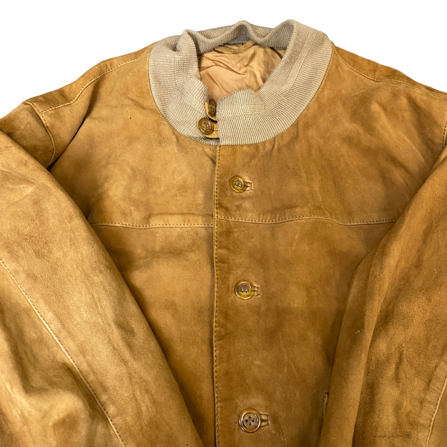 Mens Suede Leather Bomber Jacket Large Brown Lined Long Sleeve Button Front