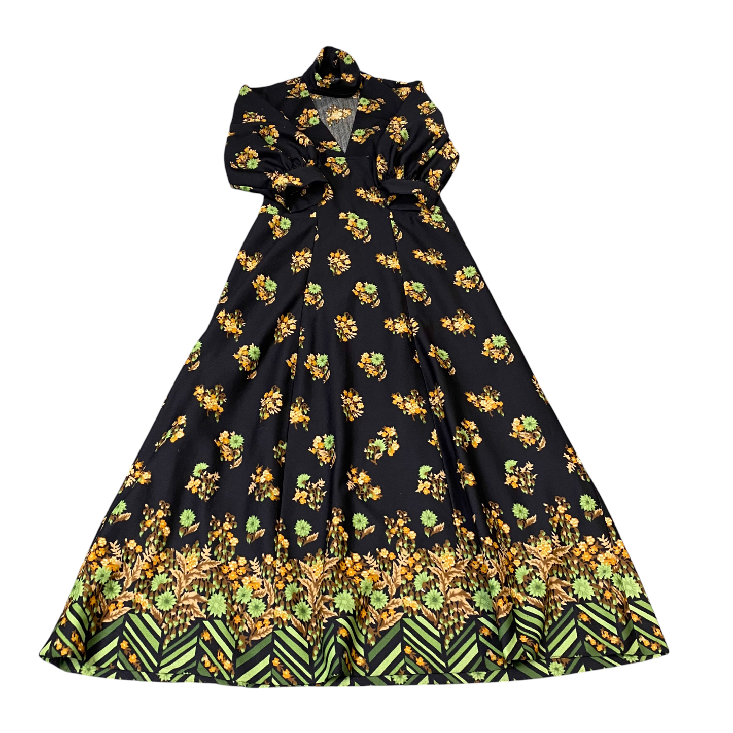 Long Maxi Dress Womens S Black Golden Floral Balloon Sleeve V-Neck Side Zipper