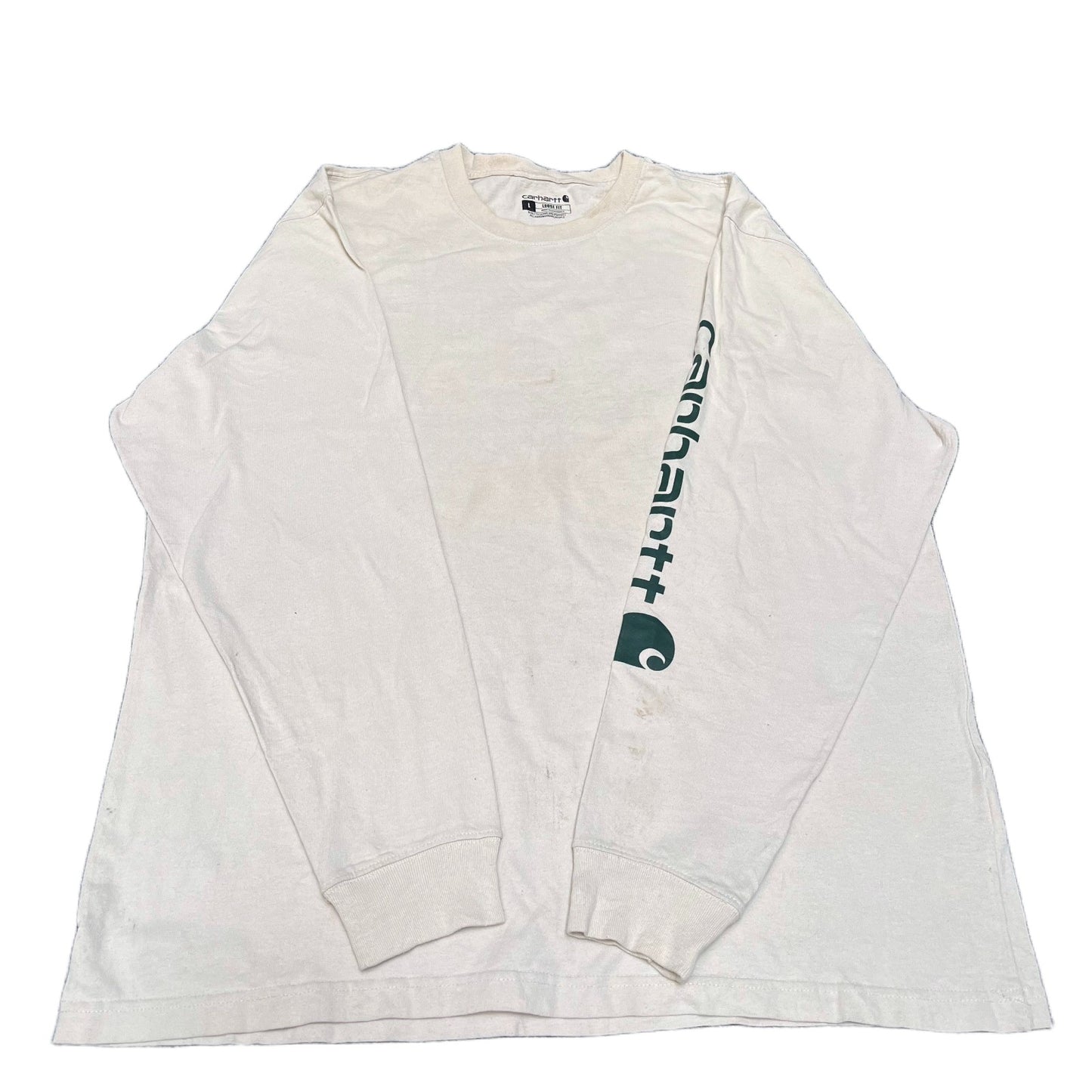Carhartt T-Shirt Mens Large Cream Loose Fit Long Sleeve Workwear Pullover Tee