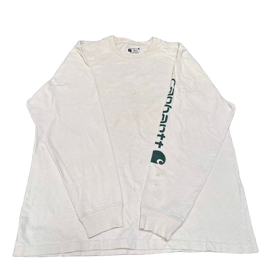 Carhartt T-Shirt Mens Large Cream Loose Fit Long Sleeve Workwear Pullover Tee