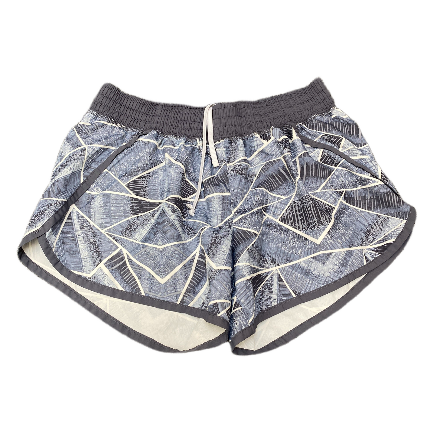 Running Shorts Womens Small 27" Waist Grey Blue Pattern Dolphin Hem Drawstring