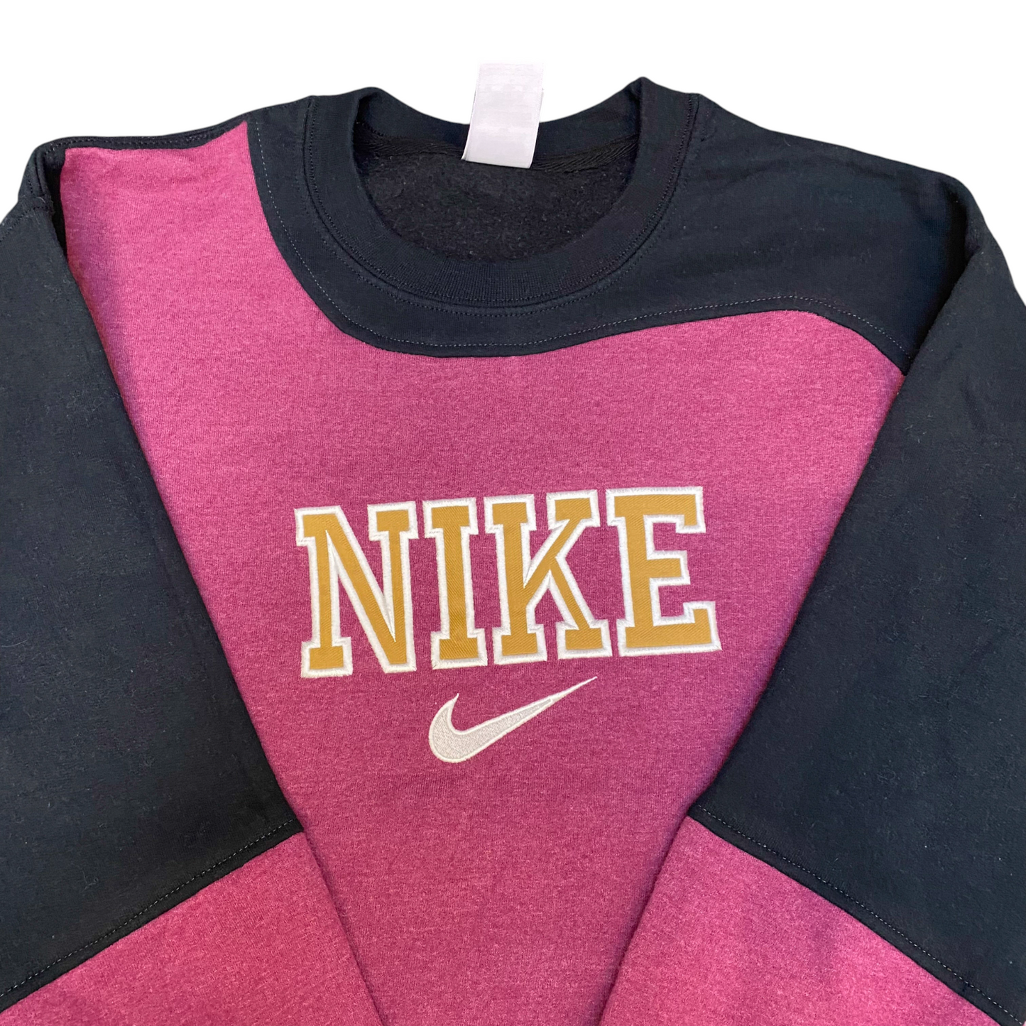 Nike Reworked Sweatshirt Mens M Pink Black Embroidered Spellout Logo Vintage Y2K