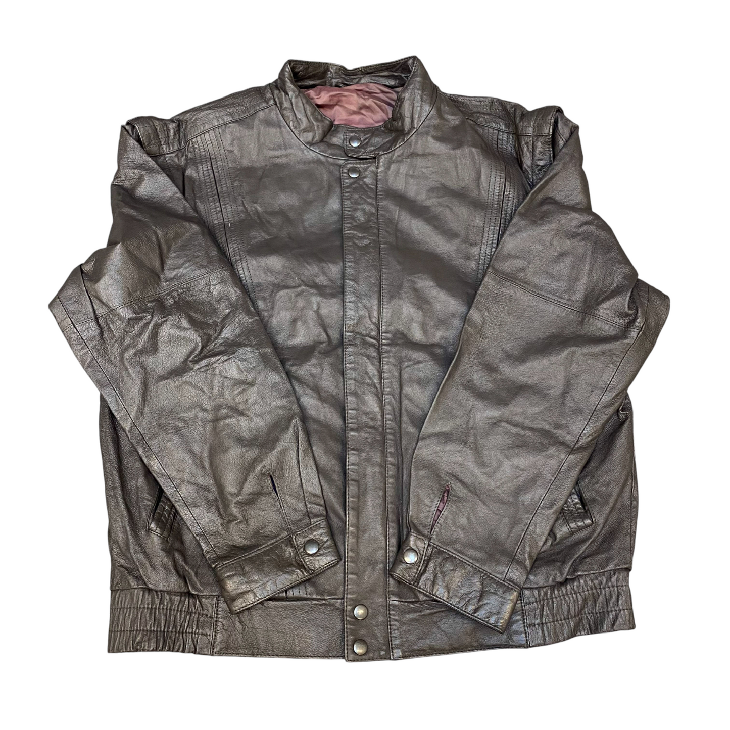 Mens Leather Jacket Large Grey Lined Collared Snap Button Elasticated Hem