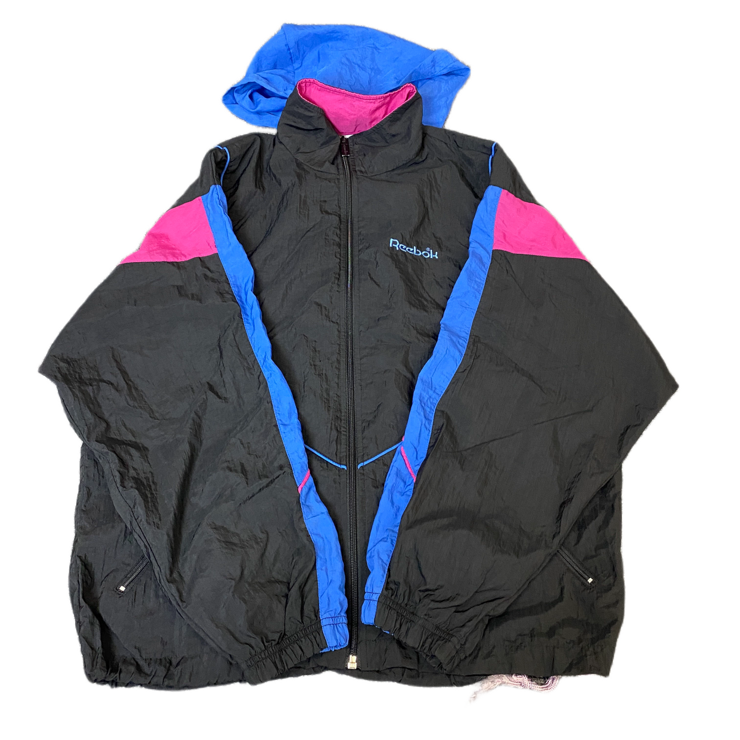 Vtg Reebok Windbreaker Jacket Women L Black Mesh Lined Embroidered Logo Full Zip