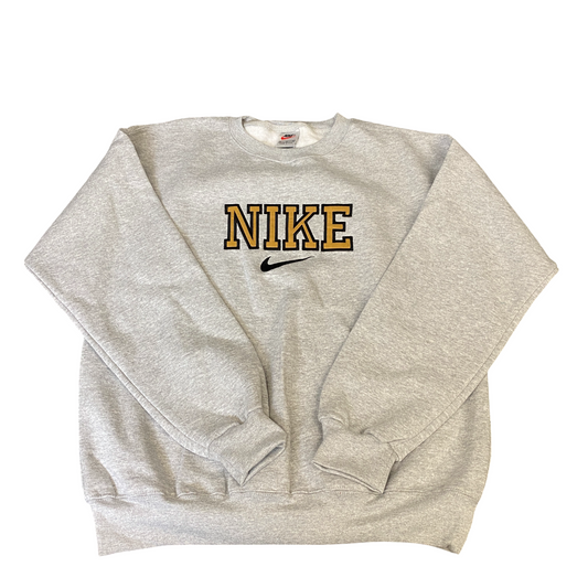 Nike Reworked Sweatshirt Mens Medium Grey Embroidered Spellout Logo Vintage Y2K