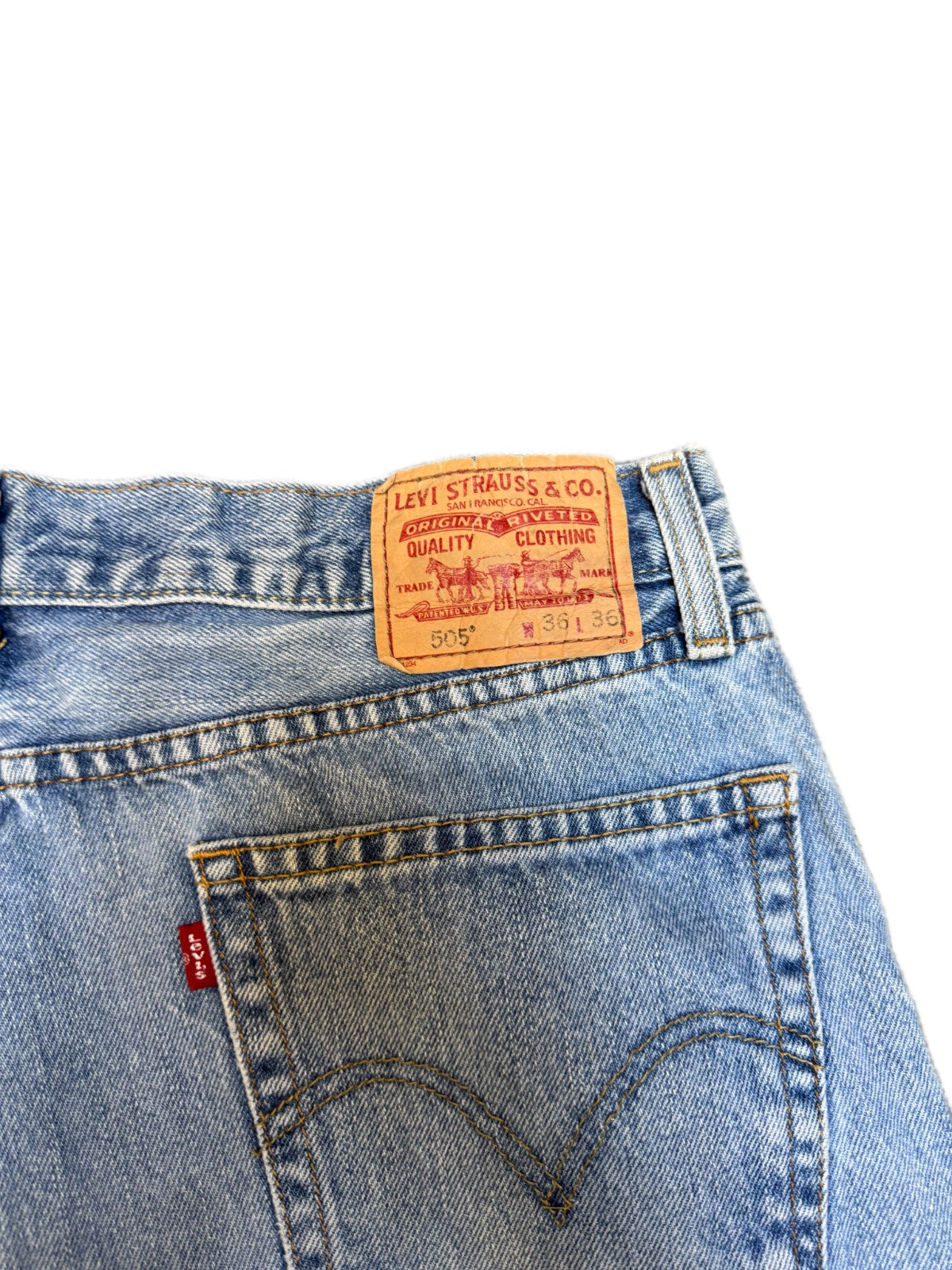 Levi's 505 Shorts Fits as Mens XL 36" Waist Blue Denim Distressed Straight Fit