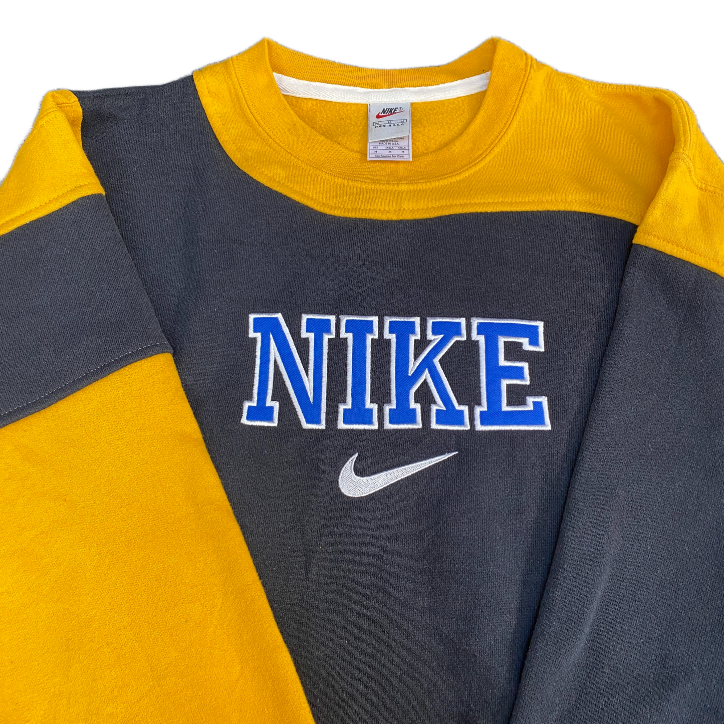 Nike Reworked Sweatshirt Mens M Yellow Black Embroidered Spellout Logo Vtg Y2K