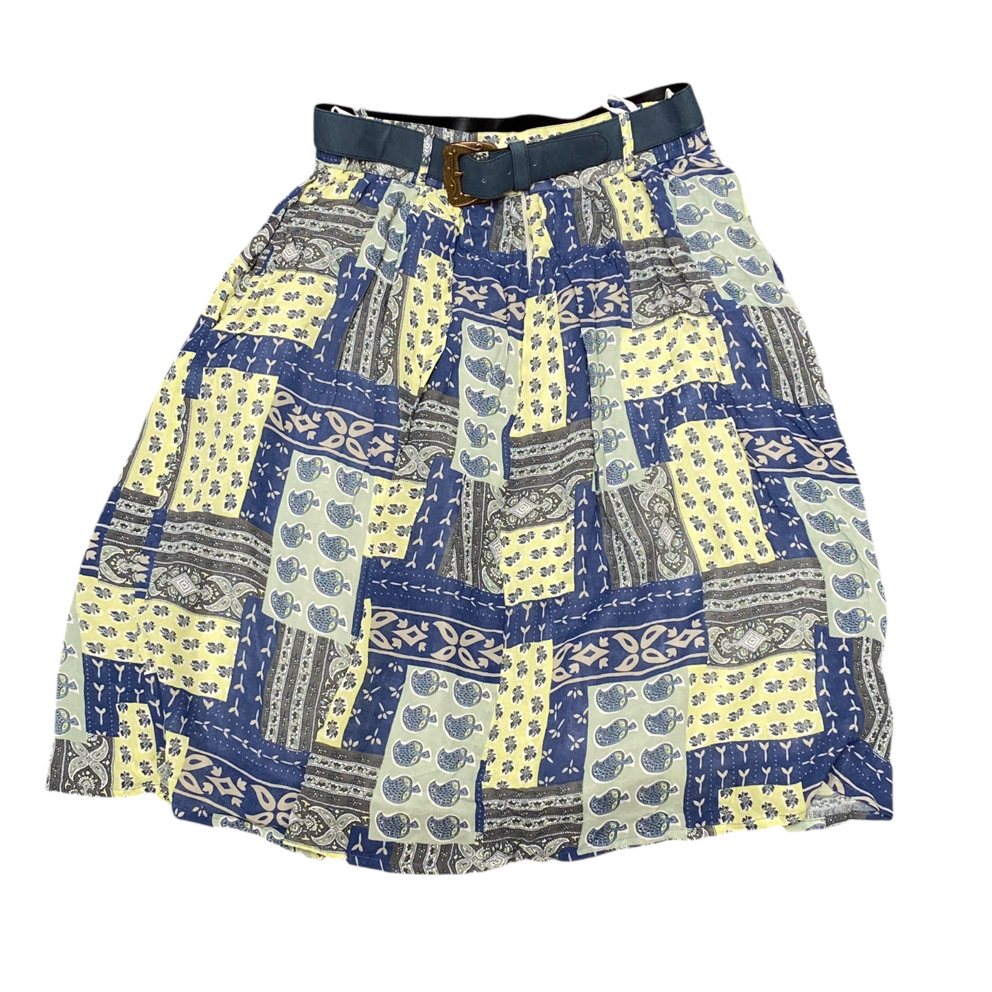 Women's Fit & Flare Skirt M Multi Patchwork Print Chiffon Button Detail Belted
