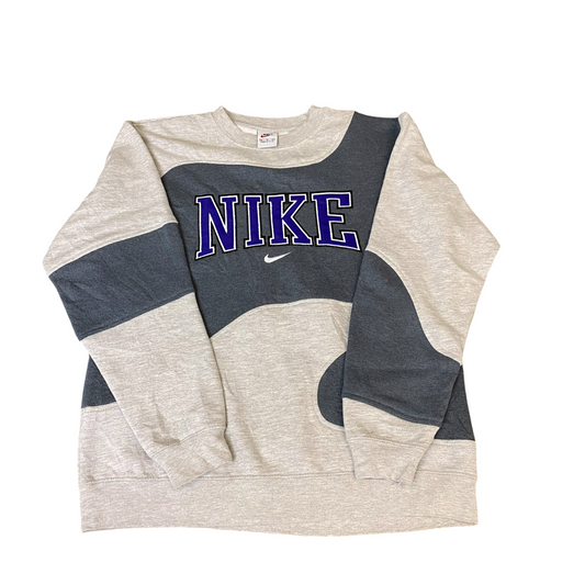 Nike Reworked Sweatshirt Mens Medium Grey Embroidered Spellout Logo Vintage Y2K
