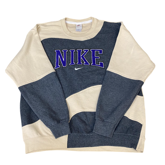 Nike Reworked Sweatshirt Mens Large Cream Grey Embroidered Spellout Logo Vtg Y2K