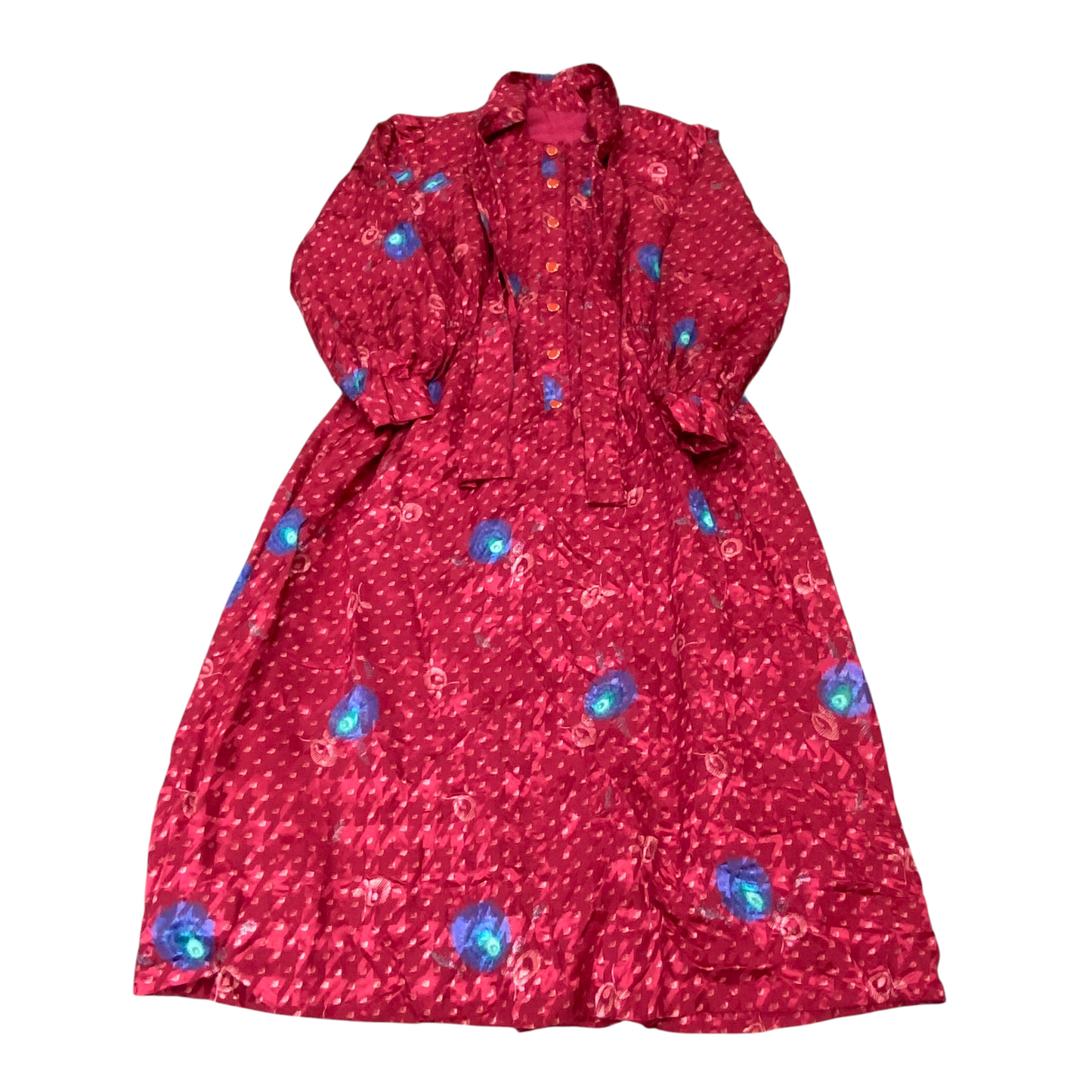 A-Line Dress Womens M Red Blue Geometric Pletaed Long Sleeve Tie Button Front