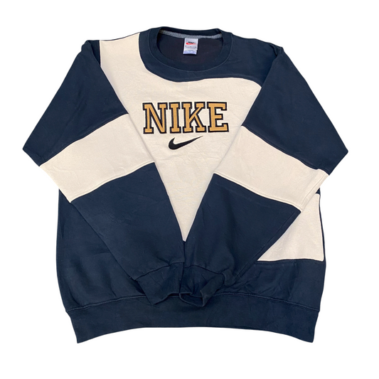 Nike Reworked Sweatshirt Men L Beige Black Embroidered Spellout Logo Vintage Y2K