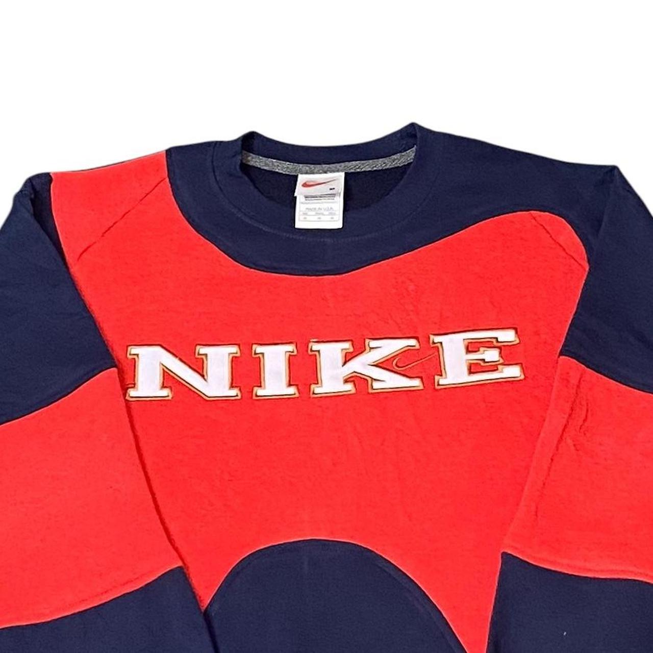 Nike Reworked Sweatshirt Mens Medium Red Navy Spellout Logo Crew Neck Vtg Y2K