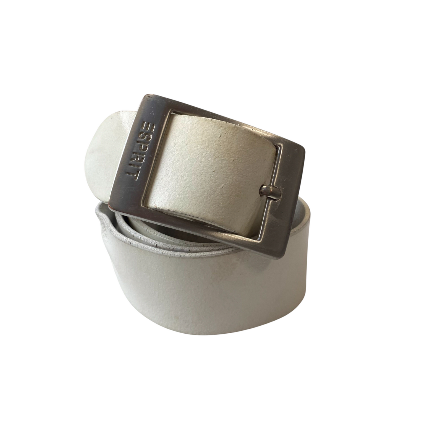 Esprit Belt Women White Leather Embossed Logo Adjustable Pin Buckle Size 40.5 in