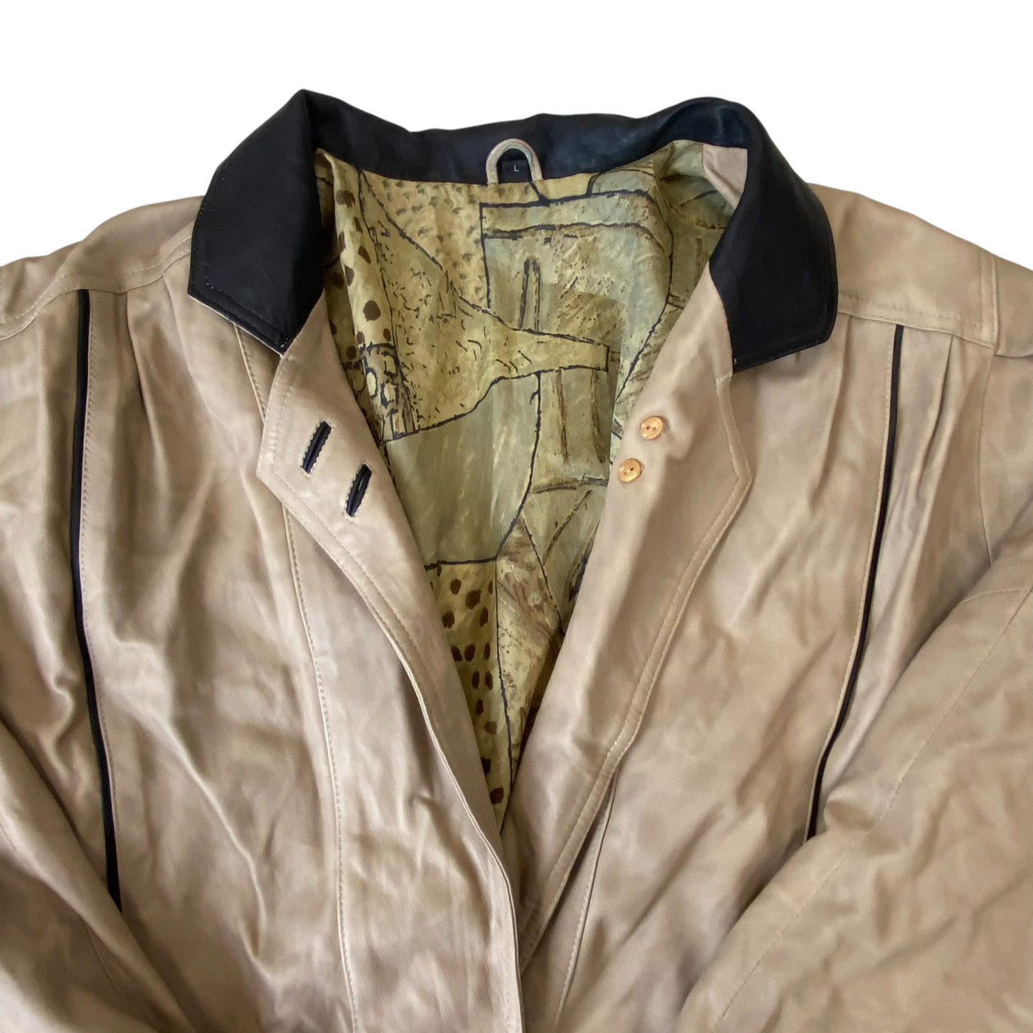 Womens Faux Leather Coat Large Beige Lined Long Sleeve Collared Button Front