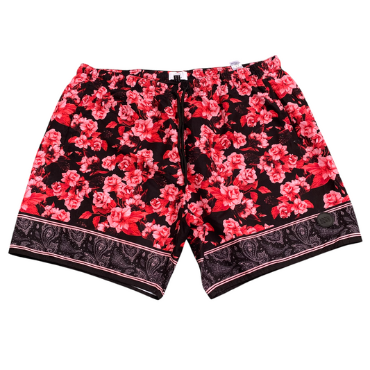 Topman Swim Trunks Mens L/XL Black Pink Rose Print Elastic Waist Drawstring