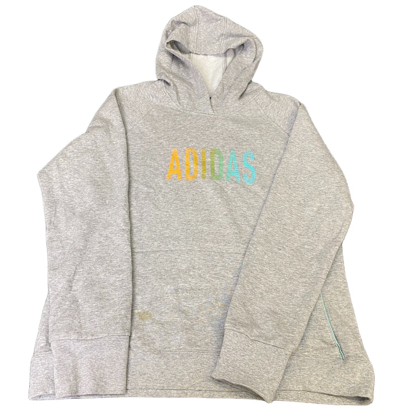 Adidas Hoodie Womens Large Grey Graphic Logo Fleece Lined Long Sleeve Pullover