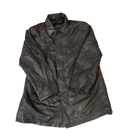 Mens Faux Leather Jacket Large Black Lined Mid Length Long Sleeve Collared