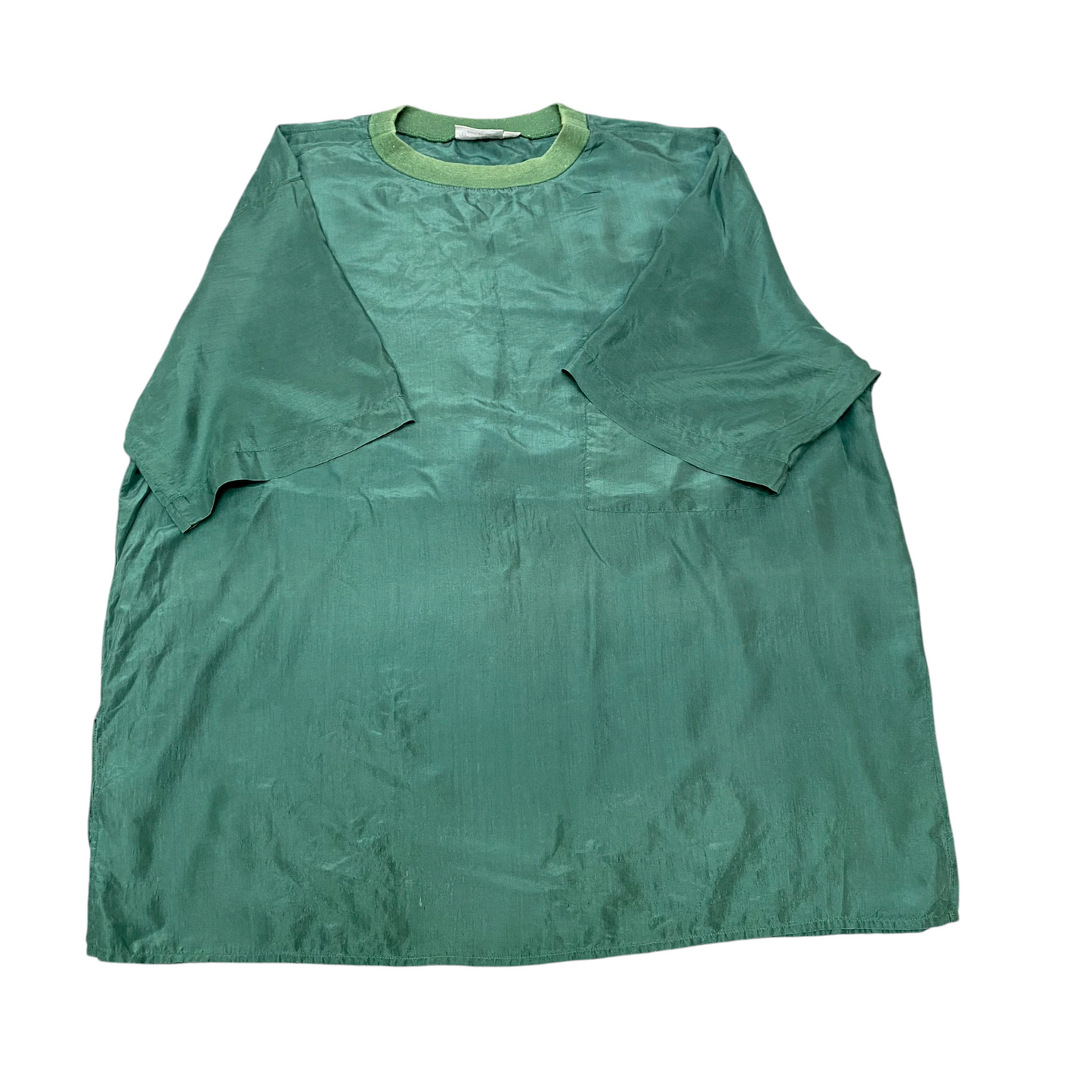 Blouse Top Womens M Green Satin Casual Short Sleeve Crew Neck Comfort Pullover