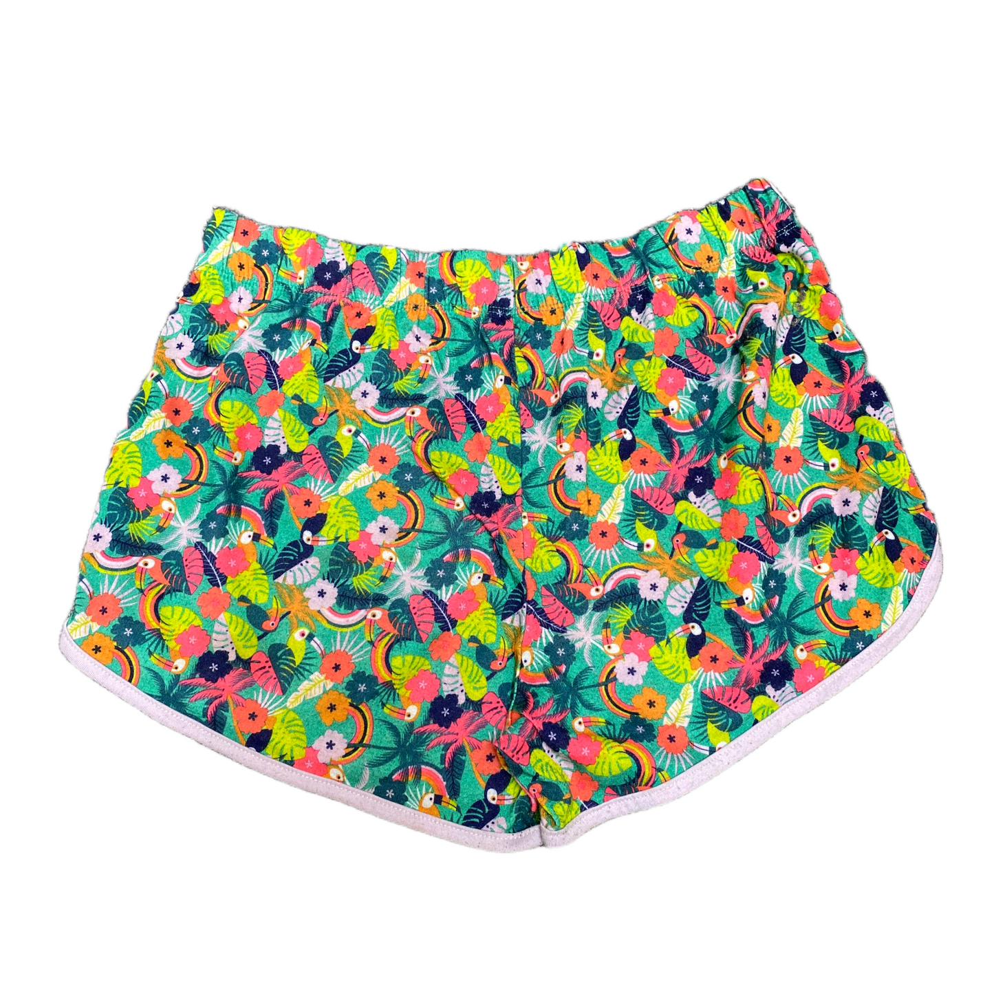 Pajama Shorts Womens XL 28" Waist Multi Tropical Toucan Bird Stretch Dolphin Hem