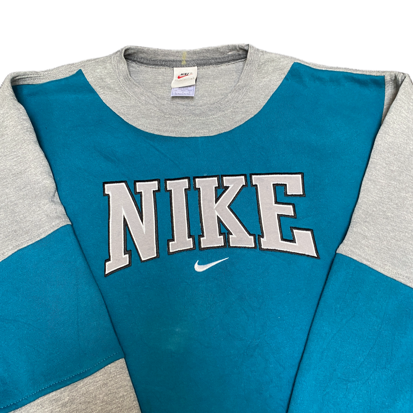Nike Reworked Sweatshirt Mens Large Teal Grey Embroidered Spellout Logo Vtg Y2K
