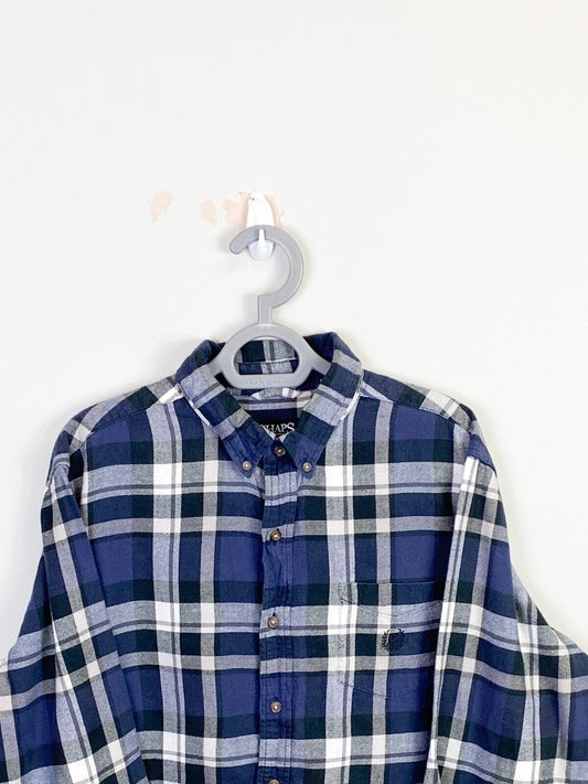 Chaps Shirt Mens Large Blue Plaid Performance Pocket Collared Casual Button Down