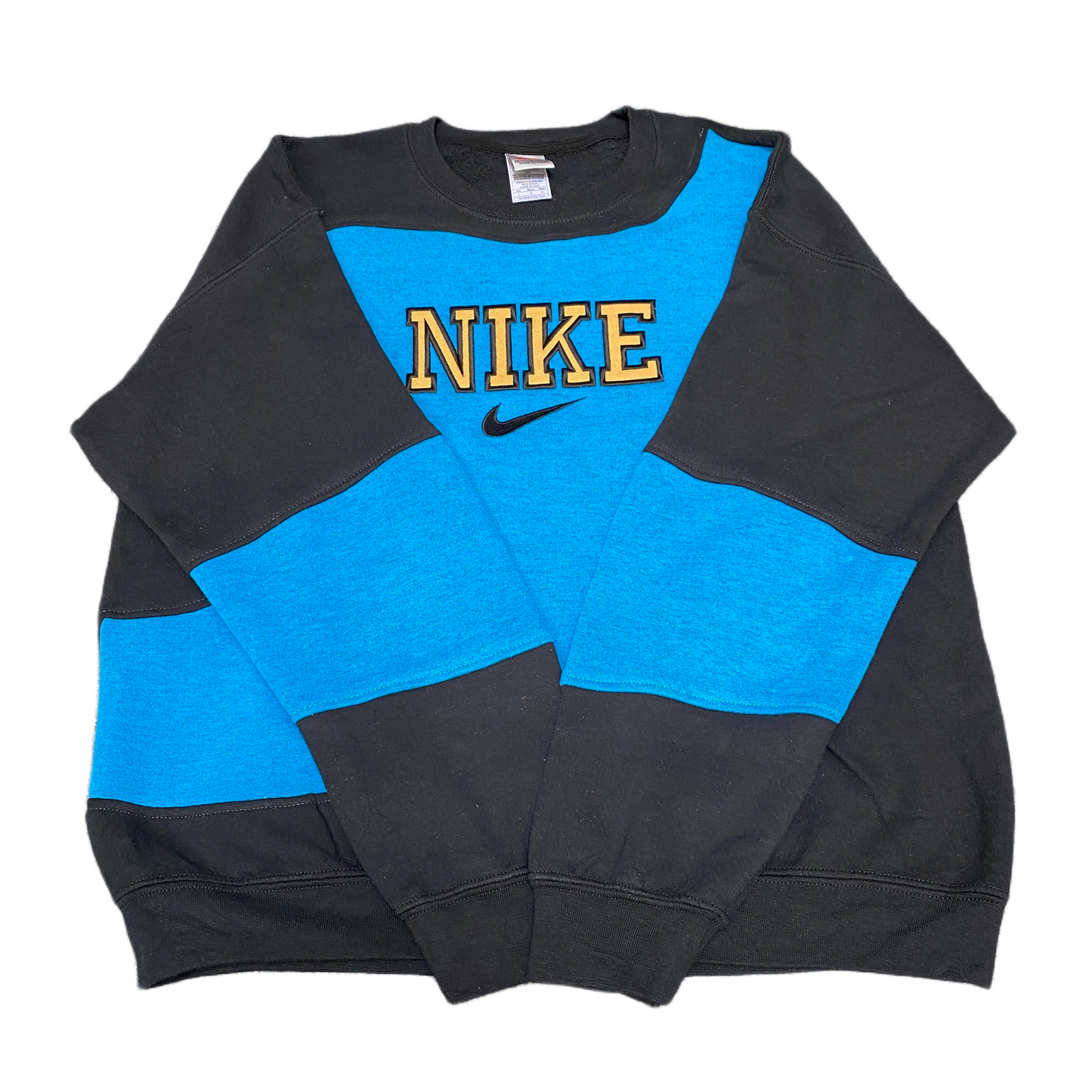 Nike Reworked Sweatshirt Mens Large Blue Black Embroidered Spellout Logo Vtg Y2K