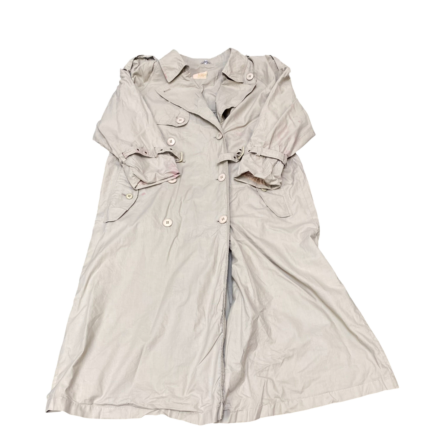 Wolfgana Halser Trench Coat Womens L Grey Solid Pockets Collared Double Breasted