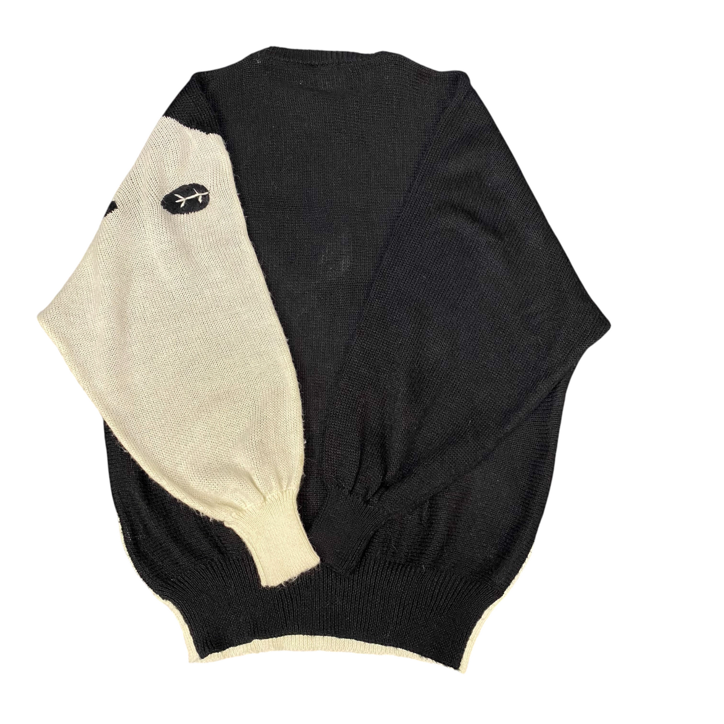 Jumper Womens Large Black White Knit Floral Crew Neck Ribbed Cuff & Hem Pullover