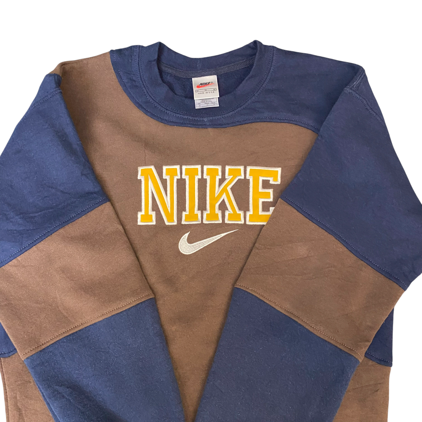 Nike Reworked Sweatshirt Mens M Brown Navy Embroidered Spellout Logo Vintage Y2K