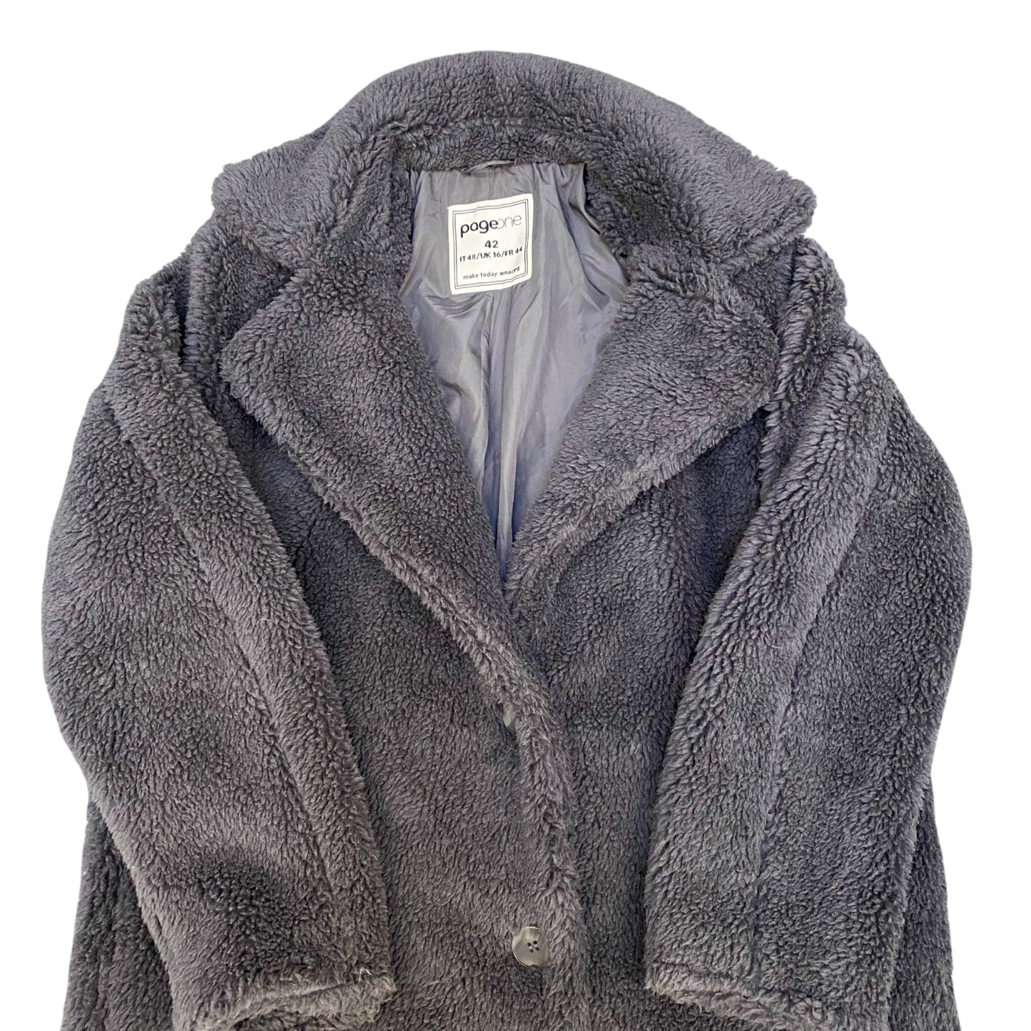 Page One Faux Fur Teddy Coat Womens L Grey Long Sleeve Notch Lapel Button Front