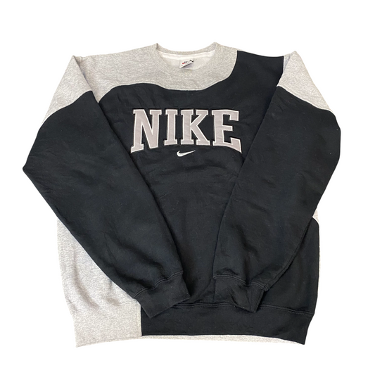 Nike Reworked Sweatshirt Mens Large Black Grey Embroidered Spellout Logo Vtg Y2K