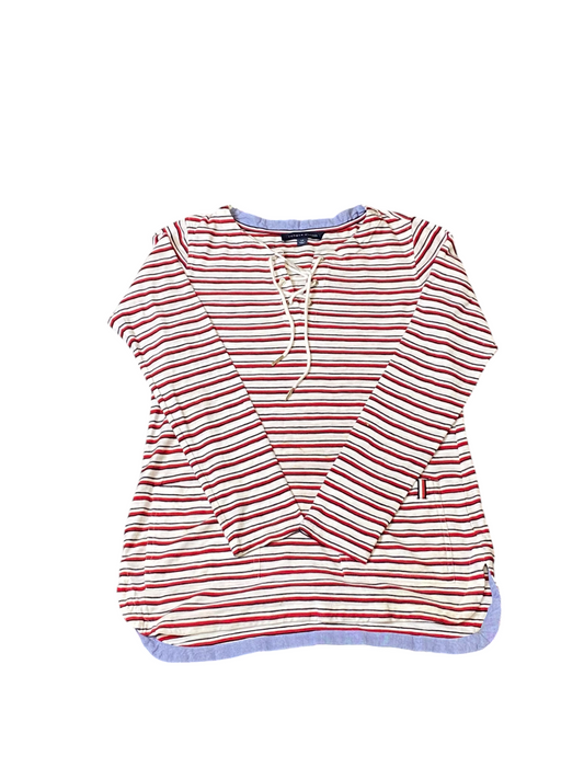 Tommy Hilfiger Top Womens Small White Red Striped Lace Up V Neck Rounded Hem