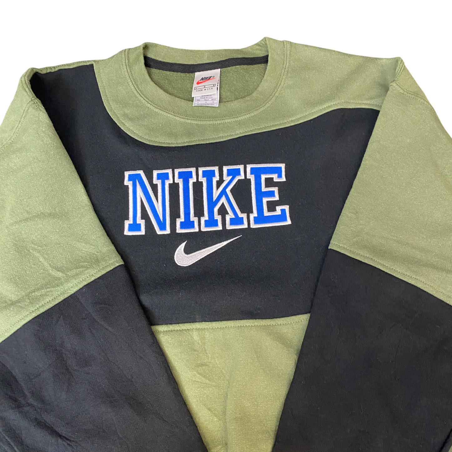 Nike Reworked Sweatshirt Men L Green Black Embroidered Spellout Logo Vintage Y2K