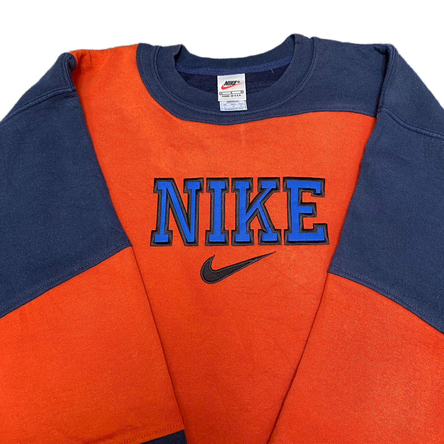 Nike Reworked Sweatshirt Mens L Navy Orange Embroidered Spellout Logo Vtg Y2K