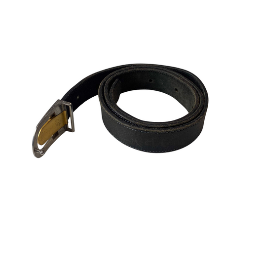 Prors Waist Belt Mens Black Leather Adjustable Silver Gold Buckle Size 39.5 in