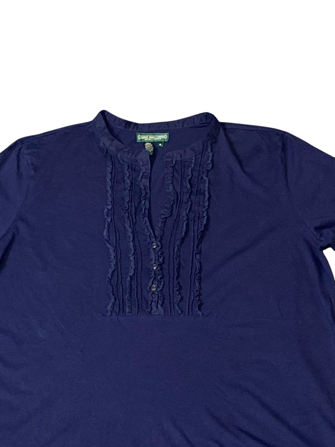 Ralph Lauren Blouse Womens XL Blue Cotton Pleated Roll Tab Sleeve Slit V Neck