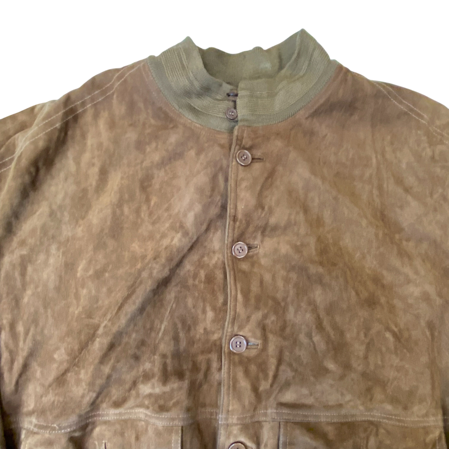 Bomber Jacket Mens XL Brown Suede Leather Pockets Long Sleeve Button Front