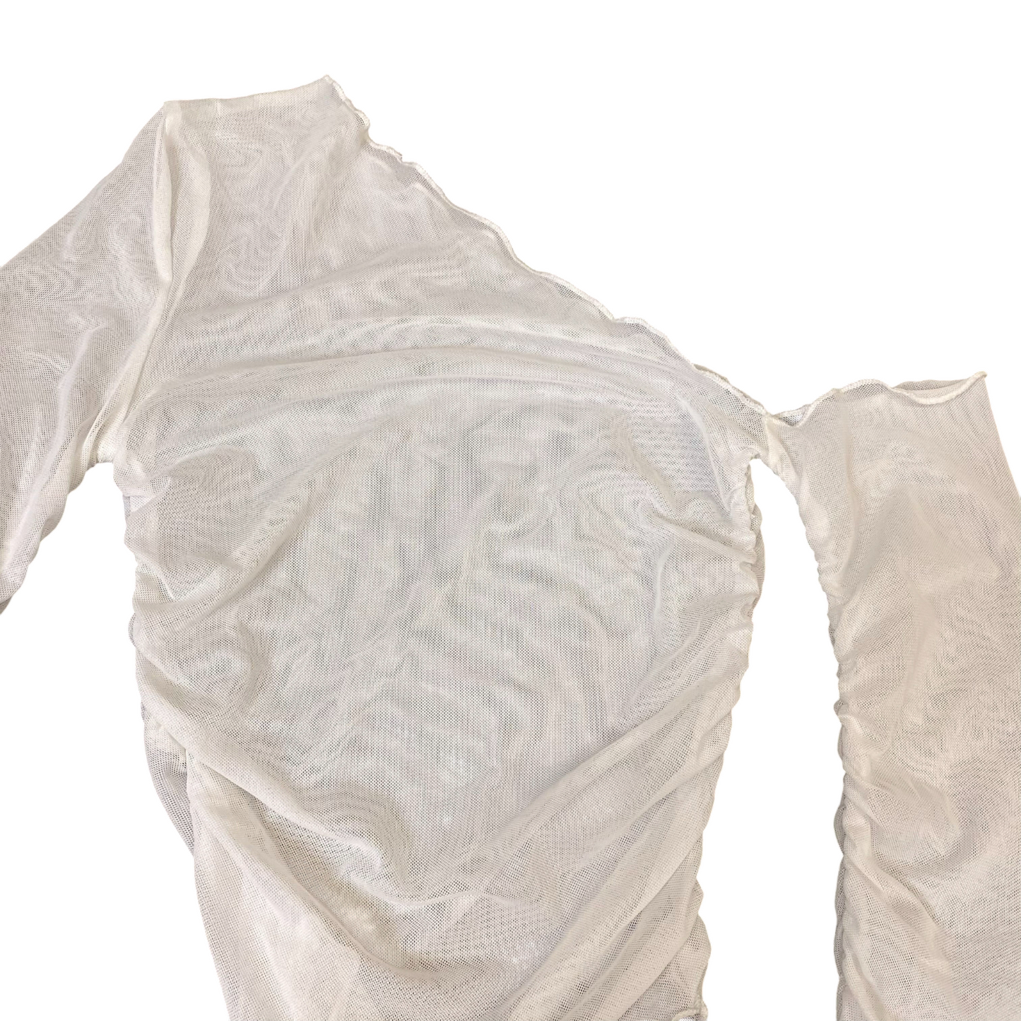 Blouse Top Womens S White Sheer Mesh Solid One Shoulder Long Sleeve Pullover