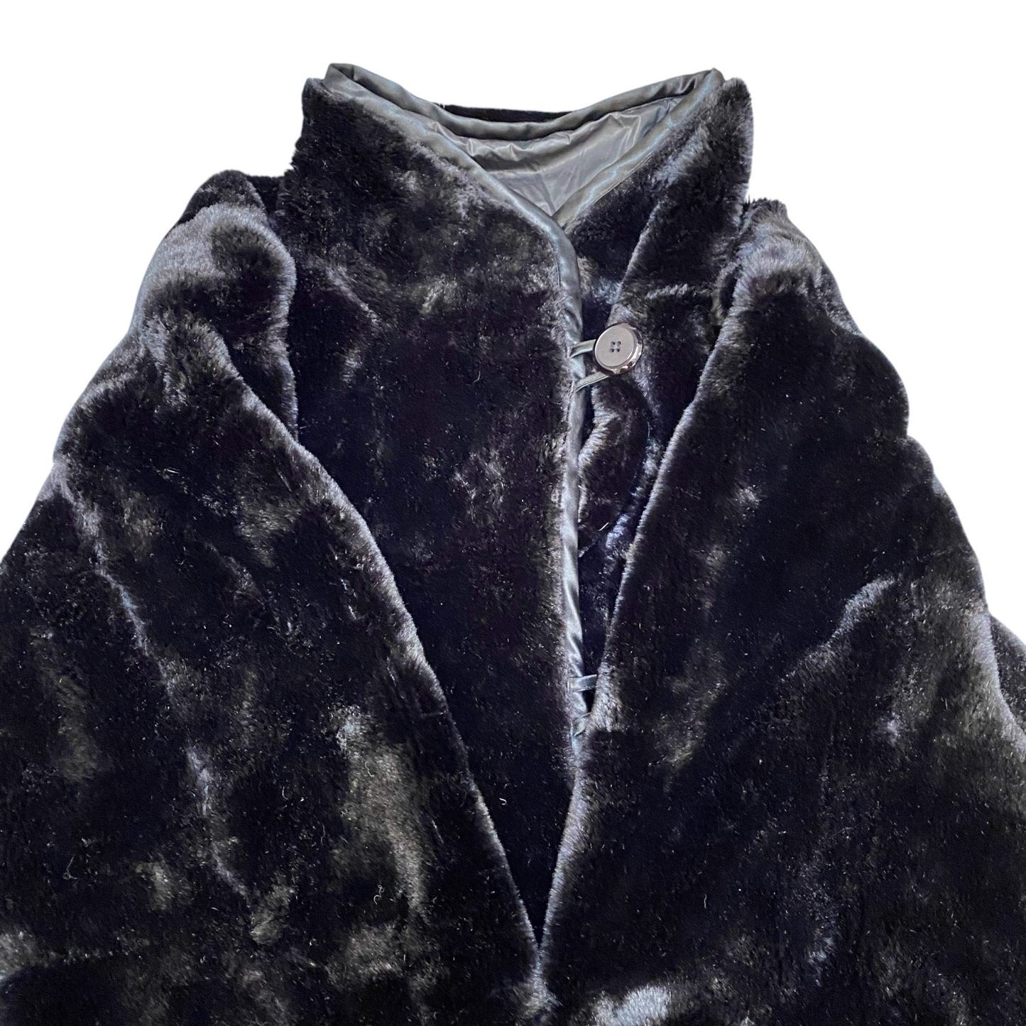 Womens Faux Fur Long Coat Large Black Lined Long Sleeve Collared Button Front