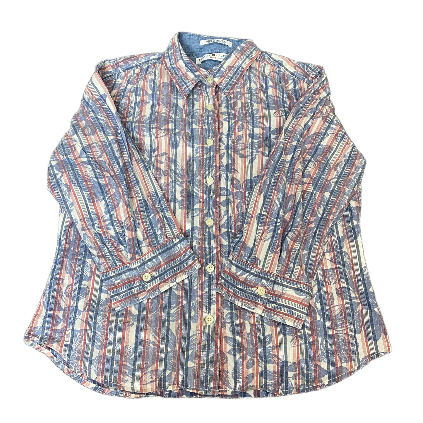 Tommy Hilfiger Shirt Womens M Multi Striped Floral Long Sleeve Collar Button Up