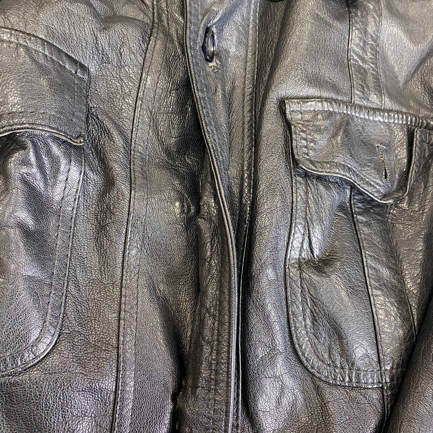 Jacket Mens S Black Genuine Leather Pockets Long Sleeve Collared Button Front