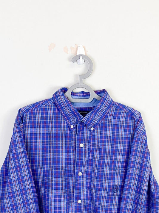 Chaps Shirt Mens Large Blue Plaid Cotton Easy Care Collared Casual Button Down