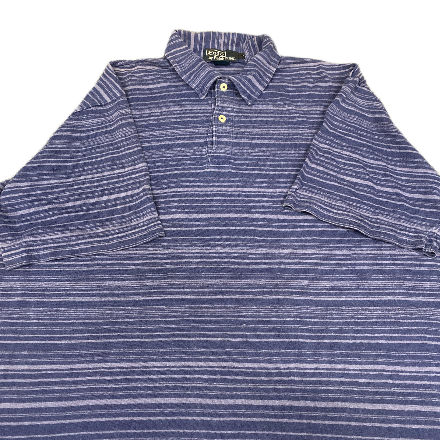 Ralph Lauren Polo Shirt Men L Navy Purple Striped Short Sleeve Side Slit Popover