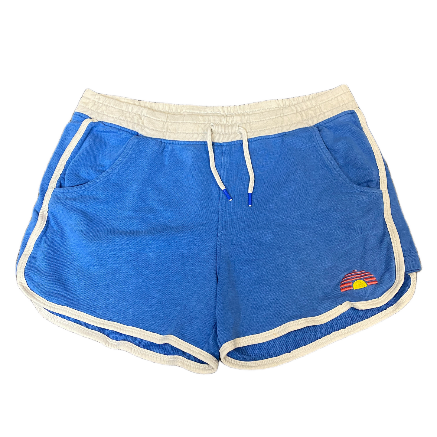 Running Sprinter Shorts Women L 31" Waist Blue White Athletic Workout Drawstring