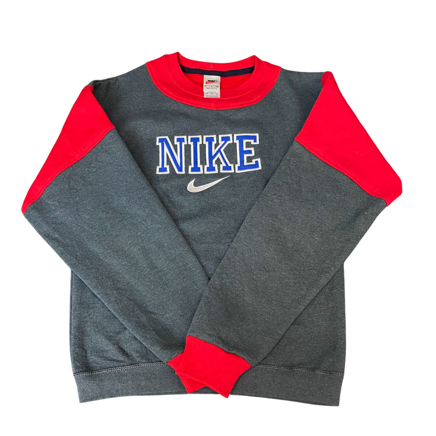Nike Reworked Sweatshirt Mens S Red Grey Embroidered Spellout Logo Vintage Y2K