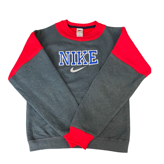 Nike Reworked Sweatshirt Mens S Red Grey Embroidered Spellout Logo Vintage Y2K